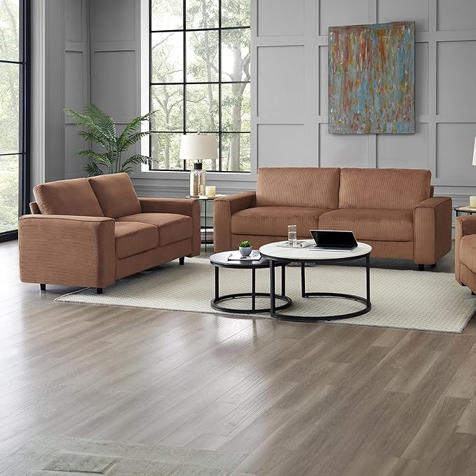 AC Pacific Derek 2 Piece Modern Corduroy Couches for Living Room, Tufted Sofas with Plush Upholstery, High-Density Foam, Sleek Black Legs, Durable Wooden Frame, Sofa and Loveseat Set, Brown