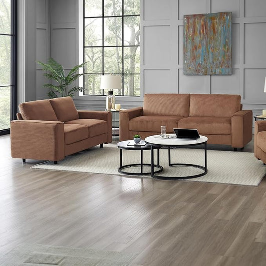 AC Pacific Derek 2 Piece Modern Corduroy Couches for Living Room, Tufted Sofas with Plush Upholstery, High-Density Foam, Sleek Black Legs, Durable Wooden Frame, Sofa and Loveseat Set, Brown