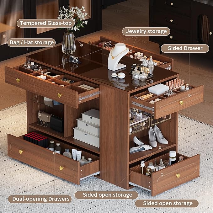 Merax Closet Island with 6 Drawers Wardrobe Armoire Bedroom Island with Glass Top and Open Shelves 47.3" Jewelry Storage Vanity Island with Compartments, Cloakroom Walk-in Closet Island (Walnut)