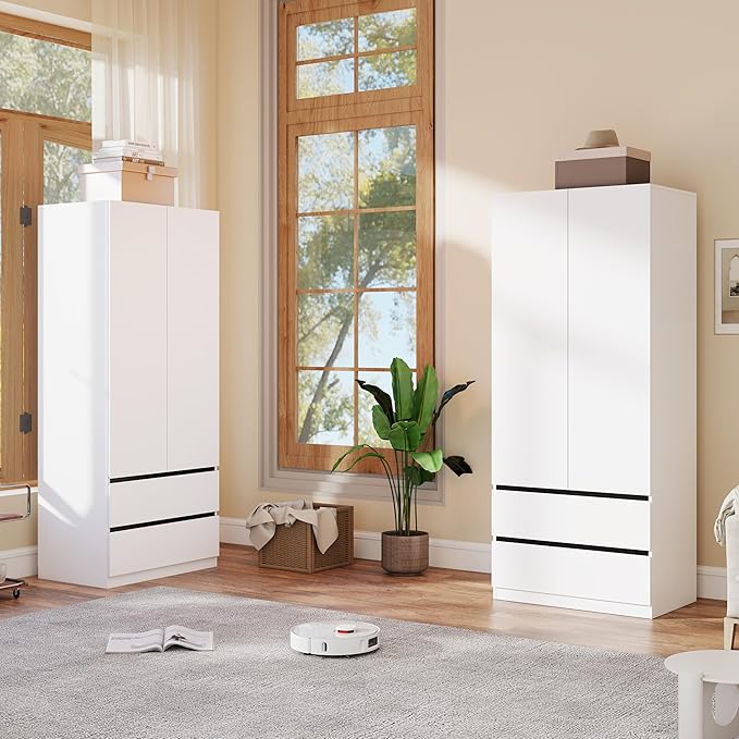 Armoire Wardrobe Closet with Drawers：75" Large White Wardrobe Closet Cabinet with 4 Doors for Hanging Clothes, Modern Wooden Bedroom Armoires with 4 Drawers and Storage (A+A, 63")