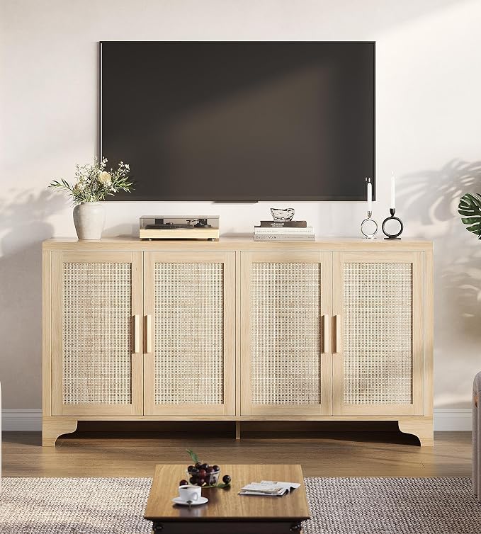 TV Stand for TVs Up to 65'', Natural Rattan Entertainment Center with Storage Cabinets, Boho Media Console Table for Living Room, Farmhouse Cabinet by GAOMON