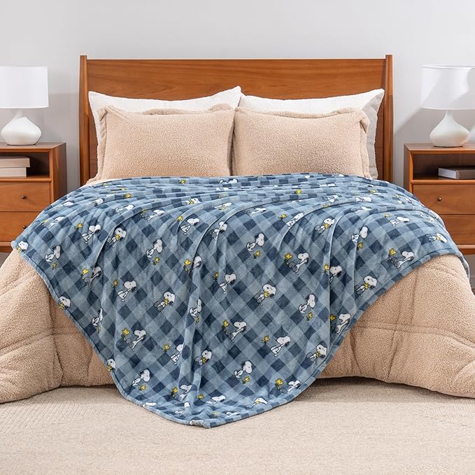 Berkshire Blanket Peanuts® VelvetLoft® Cute Character Snoopy Plush Blanket,Navy Tonal,Full/Queen 90 in x 90 in (Official Peanuts® Product)