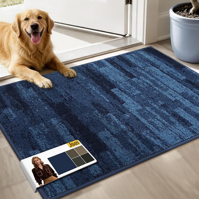 JSEI Dirt Trapper Door Mat 24"x36", Non-Slip Doormats Washable Entryway Mat, Welcome Floor Mat Absorbent Low Profile Dog Door Mats for Front Back Door, Wet Shoes & Paws, Blue by JSEI