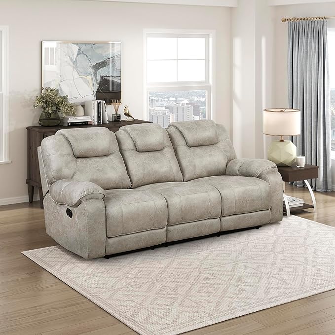 Lexicon Manual Double Reclining Sofa, Polished Microfiber Wall Hugger 3 Seater Manual Tab Pull Sofa Recliner for Living Room, Pillow Top Armrest, Padded Headrest, Easy Assembly, Pewter
