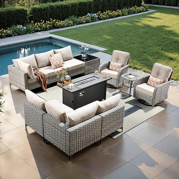 11 Pcs Patio Furniture with Fire Pit Table, Outdoor Rattan Wicker Conversation Set with Glowing Coffee Table, Comfy Sectional Sofa for Porch Balcony Backyard Pool, Beige