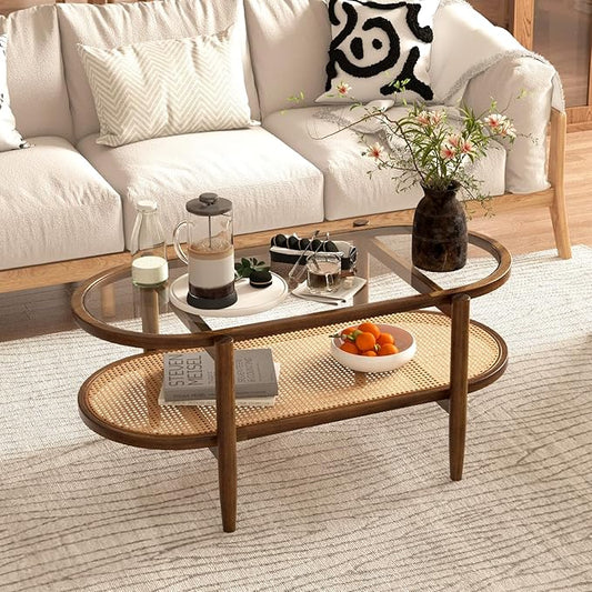 Moccha Boho Coffee Table, 2-Tier Center Table with Tempered Glass Tabletop & PE Rattan Storage Shelf, Mid Century Modern Tea Table with Wood Frame, 40" L Oval Accent Table for Living Room, Office