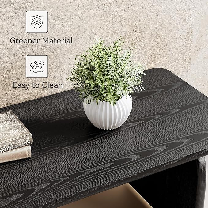 LITTLE TREE Farmhouse Coffee Table, 47 Inches Wooden Center Tables with Rounded Corners, Rectangular Living Room Tables, Modern Low Cocktail Tea Furniture for Living Room (Black)