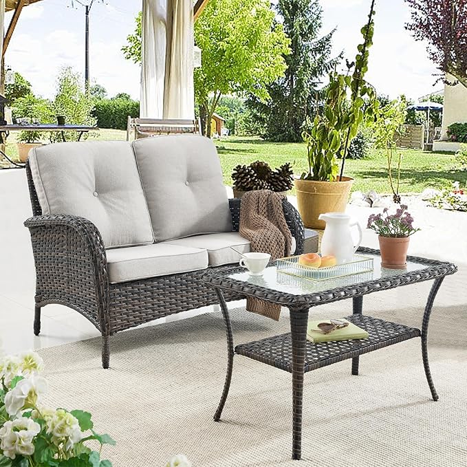 Belord 7 Piece Outdoor Patio Furniture Sets with Rocking Chairs, Wicker Loveseat Conversation Sets for Patio Deck Backyard Poolside, Beige Cushion