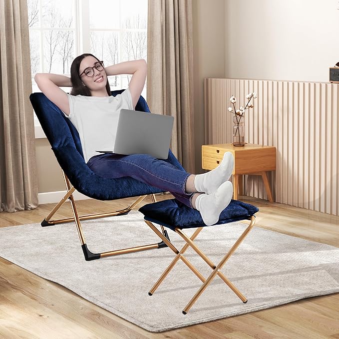 Youtanic Comfy Oversized Saucer Chair with Ottoman,Soft Faux Fur Reading Lounge Chair for Adults,Stable X-Large Metal Frame and Non-Slip Pad,Cozy Chair for Bedroom, Living Room, Dorm, Office, Blue