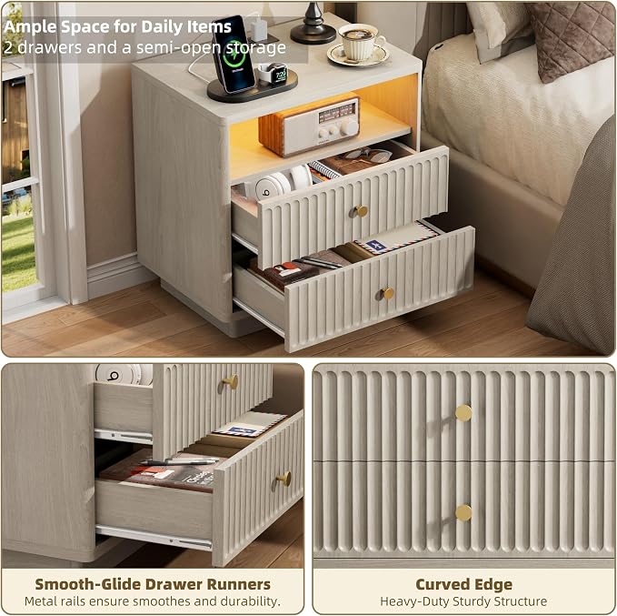PAPROOS 23'' Fluted Nightstand Set of 2 with Charging Station, Modern Bedside Table with Motion Sensor LED Light, 2-Drawer Storage Cabinet for Bedroom & Home Office (2 pc Beige Gray) - Image 5