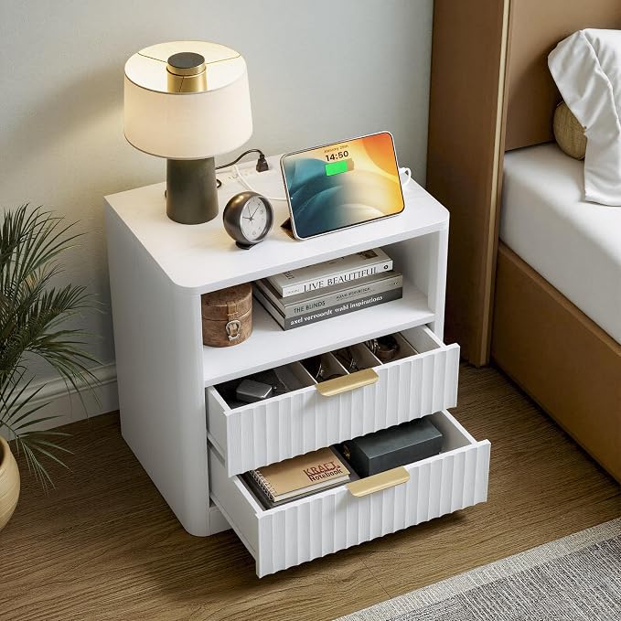 IRONCK Fluted Night Stand Set of 2, Modern Nightstand with Charging Station, Drawers and Open Shelves - Bedside Table Wood Side Table Set for Bedroom, White - Image 2