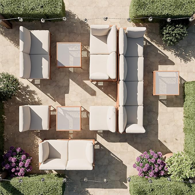 Vikiullf Patio Conversation Set, 5 Piece Outdoor Sectional Sofa Set with Coffee Table, Wicker Bistro Set with Thick Cushions, for Garden, Backyard, Poolside (Beige)