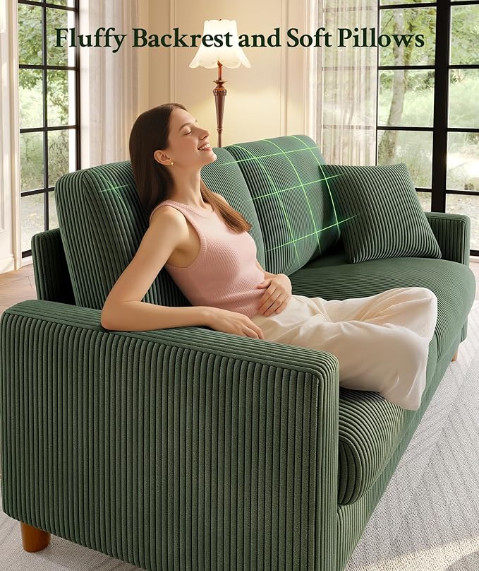 70.2" Couches for living room, Comfy U Shaped Couch Green 7.1" Thicker Cushion, Sofas for Living Room Tool-Free Setup, Loveseat with Ottoman 7058lbs Support, Corduroy Couch for Bedroom, Office