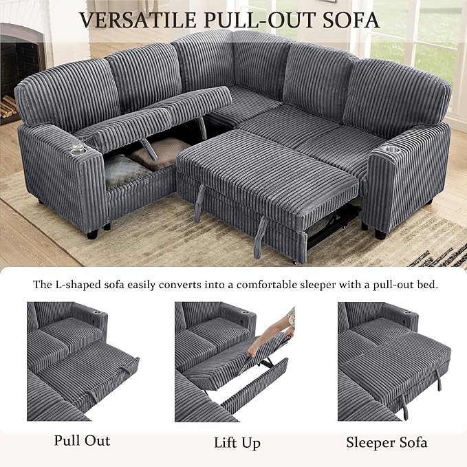 ERYE L-Shaped Symmetrical Sleeper Sectional Sofa W/Pull Out Sleeper Couch Bed and Storage Seat for Living Room, Corduroy Tufted Corner Convertible Sofa Bed with USB-C Ports