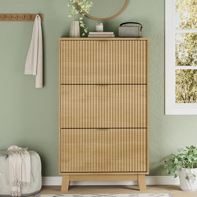Xixini Shoe Cabinet with 3 Flip Drawers, 54" Tall Narrow Fluted Shoe Storage Organizer for Entryway, Hidden Slim Wooden Shoe Rack Cabinet for Front Door Entrance, Hallway, Living Room, Natural Oak - Image 7