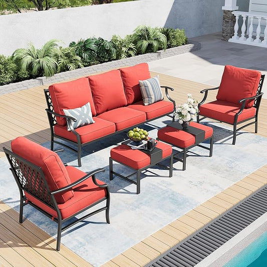 5 Piece Metal Outdoor Patio Furniture Set, Patio Conversation Sets 1 3-Seater Sofa, 2 Fixed Chair, 2 Ottomans with 5.75" Thick Cushion, Black All-Weather Frame Backyard Furniture, Red
