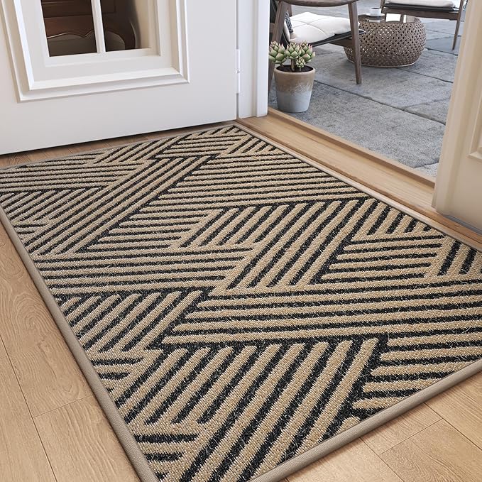 Door Mat Indoor Outside Entrance 17"x30", Low-Profile Non Slip Outdoor Inside Doormat Entryway Mat, Dirt Resistant Absorbent Front Porch Welcome Entry Mats, Washable Easy Clean, Brown by QiCaiJia
