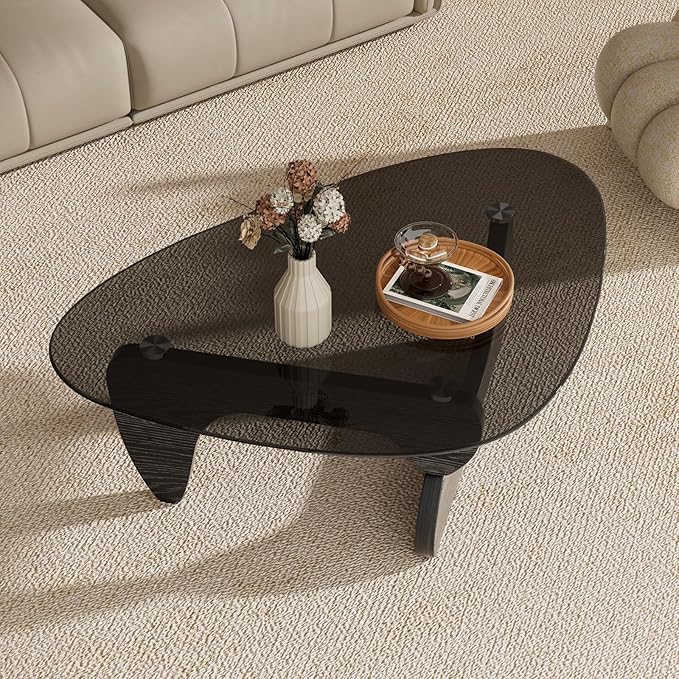 Solid Wood Morden Coffee Table, 42.5" x 28.5" x 16.1" Triangle Center Table for Living Room w/Tempered Glass Top, Vintage Minimalist Tea Table for Small Space, Office (Black)