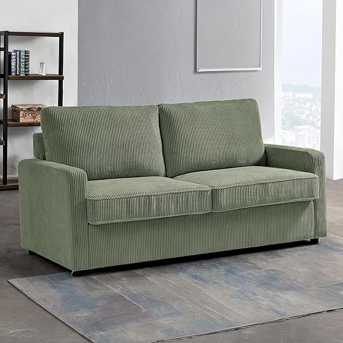 Reversible Sleeper Sofa Bed with Comfortable Memory Foam Mattress, Convertible Corduroy Full Size Pull Out Couch for Living Room, Space Saving Furniture, 70" Wide, Rectangular Arms, Dark Green