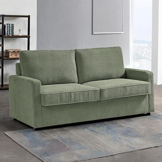 Reversible Sleeper Sofa Bed with Comfortable Memory Foam Mattress, Convertible Corduroy Full Size Pull Out Couch for Living Room, Space Saving Furniture, 70" Wide, Rectangular Arms, Dark Green