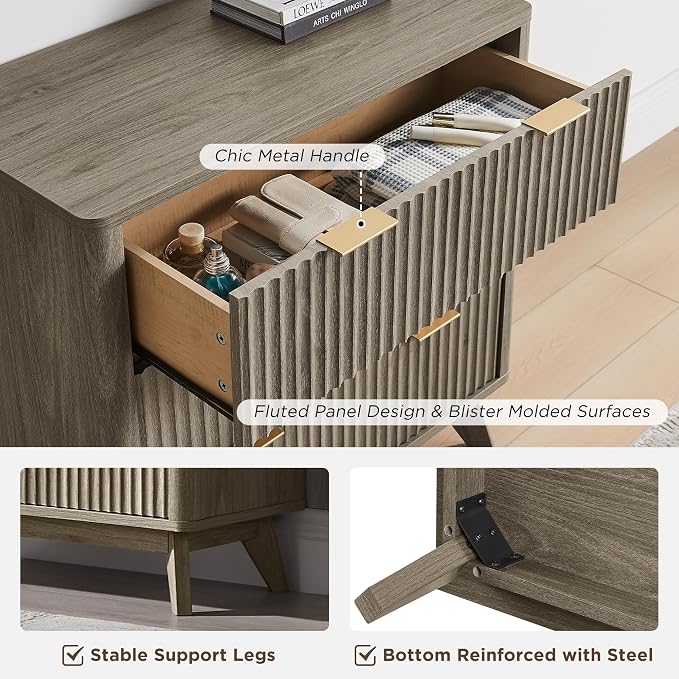 T4TREAM Fluted 3 Drawers Nightstand Set of 2, Oversized Extra Large Modern Side Table, End Table Bedside for Bedroom, Living Room, Curved Profile Design, Grey Alder - Image 6