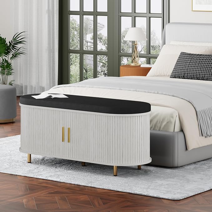 DHH 2-Tier Storage Bench,Wide Shoe Bench with Thickened Padded Seat Cushion, Mid Century Modern Fluted Sliding Door and Adjustable Shelf, for Entryway, Living Room, Bedroom (Grayish White, 43.3“) - Image 8