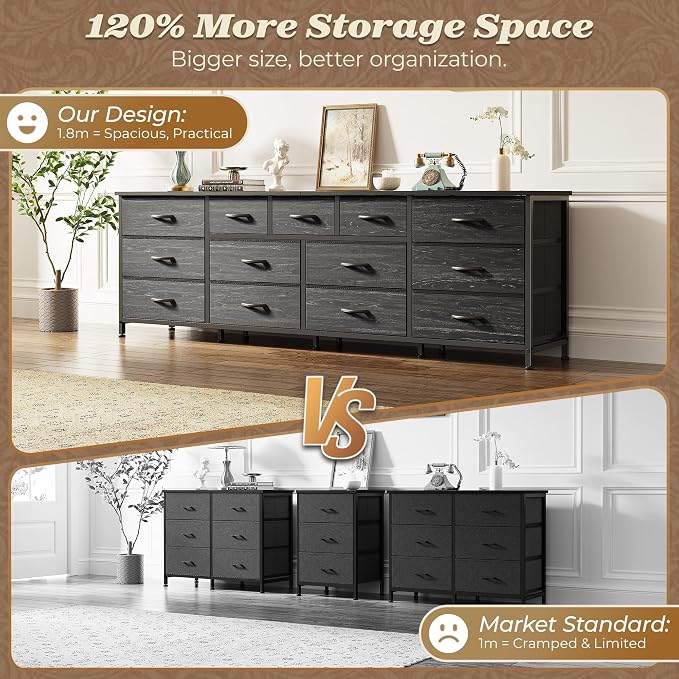Huuger 70 Inch Dresser for Bedroom, TV Stand for 65, 75, 80 Inch TV, 13 Fabric Drawer Long Dresser, Large Entertainment Center for Bedroom, Wide Chest of Drawer with Storage, Charcoal Black - Image 4