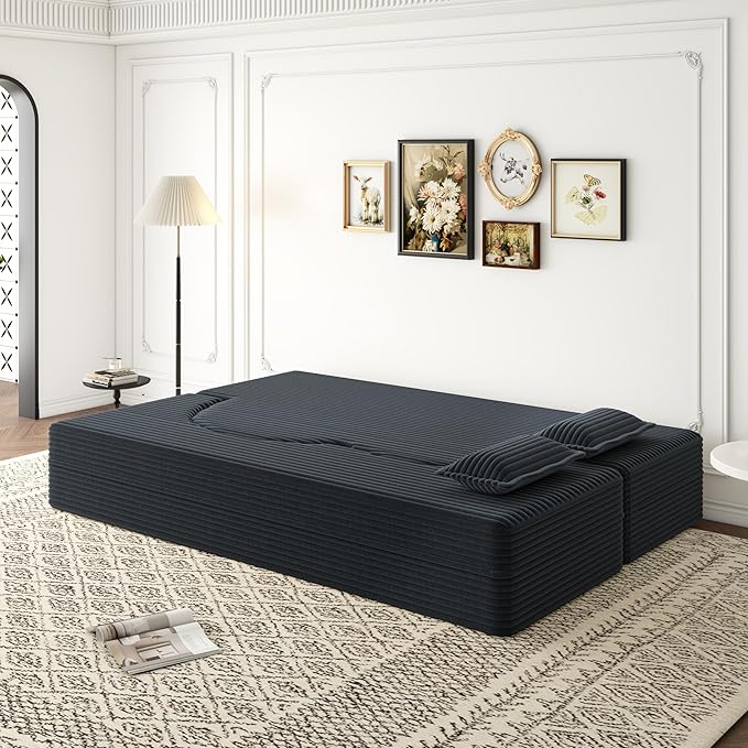 KEIKI Floor Sofa Bed with 2 Pillows, Convertible Plush Corduroy Couch, 15" Foam Folding Mattress Sleeper Floor Couch for Adults, Compression Sofa Lounge Bed, Dark Gray