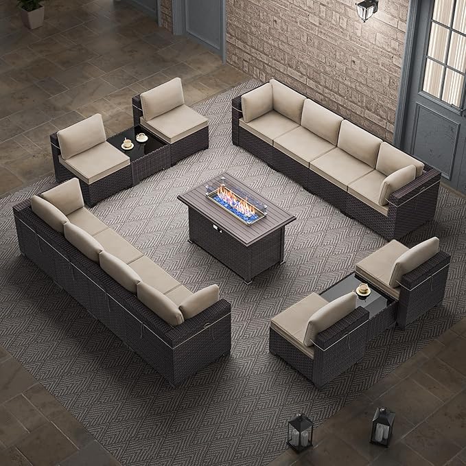 15 Pieces Outdoor Patio Furniture Set,Outdoor Sectional Furniture with 43" 55000 BTU Gas Propane Fire Pit Table,All Weather PE Rattan Wicker Patio Conversation Set,Sand