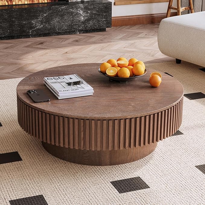 39.37'' Round Coffee Table with Storage, Solid Wood Veneered Modern Drum Coffee Table Accent Tea Table for Living Room, Bedroom, Apartment or Office-Walnut