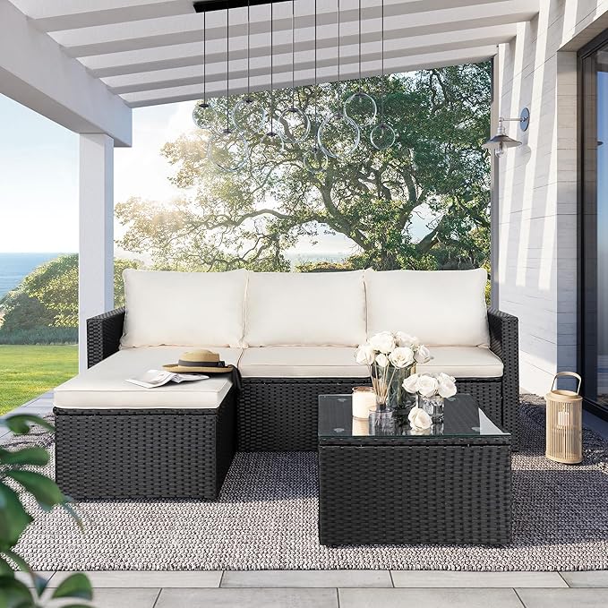 SUNLEI 3-Piece Patio Sectional Sofa, Patio Furniture Set with Detachable Soft Cushions, Outdoor PE Rattan Patio Conversation Sofa Set with Glass Coffee Table & Ottoman, Black Rattan/White