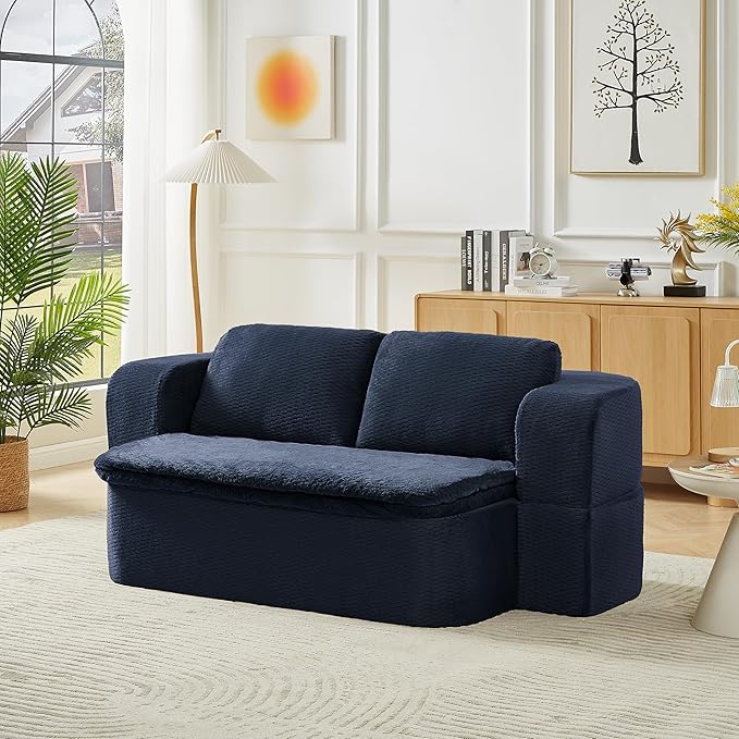 KEIKI 74.8'' Convertible Sleeper Sofa Bed, Modern Folding Futon Couch with Cushion Blanket, Floor Foam Compression Sofa Bed Couch for Living Room, Bedroom, Apartment, No Assembly Required, Dark Blue