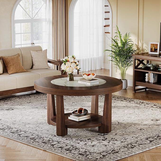 Tribesigns Coffee Table, 2-Tier Round Coffee Table with Heavy-Duty Wood Tabletop for Living Room, Industrial Circle Wood Accent Center Table with Storage, Brown and White