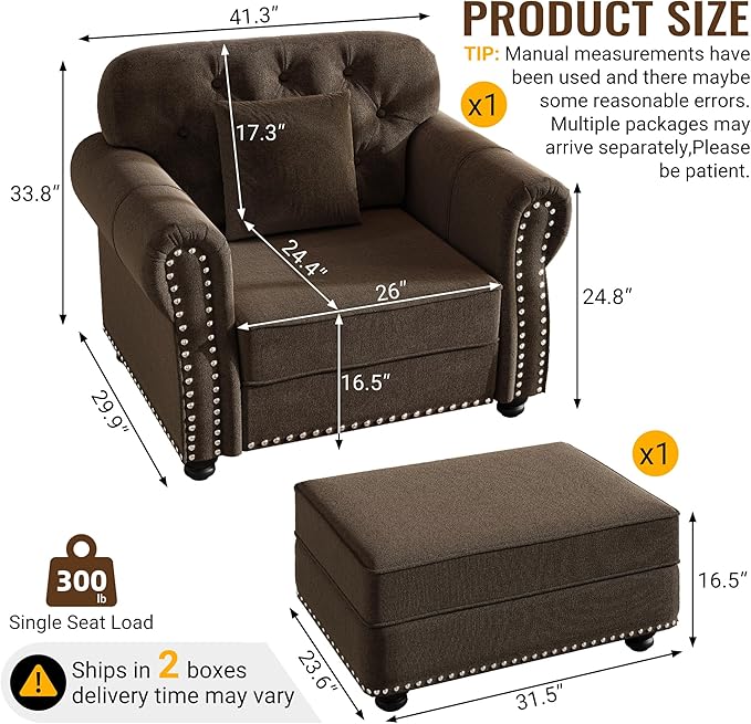KEIKI 41" Velvet Chesterfield Sofa with Rolled Arms & Nailhead Trim & 1 Ottoman, Modern 1-Seater Button Tufted Couch with High Resilience Cushion & 1 Pillow, Easy Assembly, for Living Room, Brown
