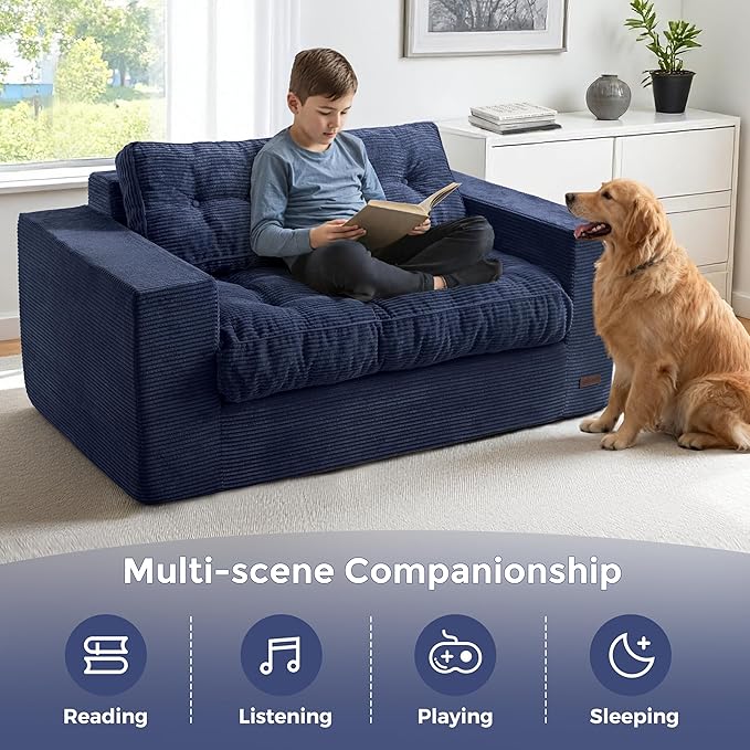 MAXYOYO Loveseat Sofa Couch, Upholstered Bean Bag Chair Cloud 2-Seat for Adults, Boneless Couch with Tufted Cushion & Pillows, Sofa in A Box, No Assembly Required, Navy