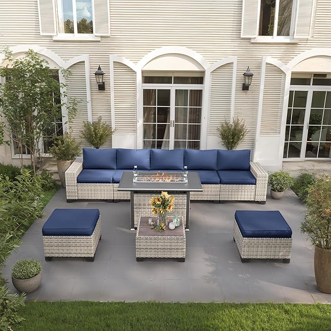 9-Piece Outdoor Patio Furniture Set with 55,000 BTU Fire Pit Table, PE Wicker Rattan Sectional Sofa Patio Conversation Set with Ottomans & Coffee Table, Dark Blue