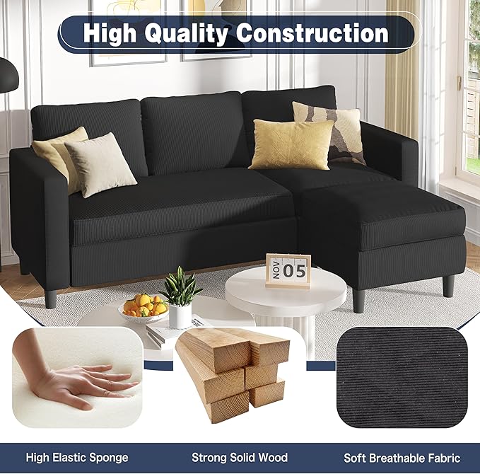 Shintenchi Convertible Sectional Sofa Couch,L-Shaped Modular Sofas with Reversible Ottoman,3-Seat Upholstered Corduroy Sofa Couch,Small Couches for Apartment,Living Room and Office(Black)