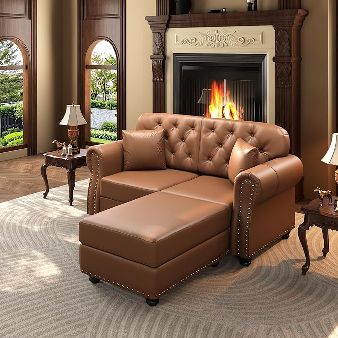 KEIKI 63" Faux Leather Chesterfield Sofa with Rolled Arms & Nailhead Trim & 1 Ottoman, 2-Seater Button Tufted Couch with High Resilience Cushion & 2 Pillow, Easy Assembly, for Living Room, Brown