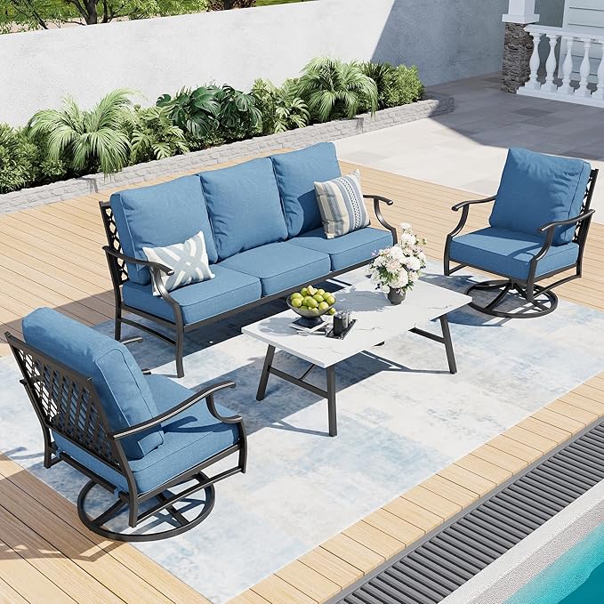 4 Piece Metal Outdoor Patio Furniture Set, Patio Conversation Sets 1 3-seater Sofa, 2 Swivel Chair with 5.75" Extra Thick Cushion and Coffee Table, Black Frame Backyard Furniture, Navy