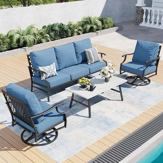 4 Piece Metal Outdoor Patio Furniture Set, Patio Conversation Sets 1 3-seater Sofa, 2 Swivel Chair with 5.75" Extra Thick Cushion and Coffee Table, Black Frame Backyard Furniture, Navy