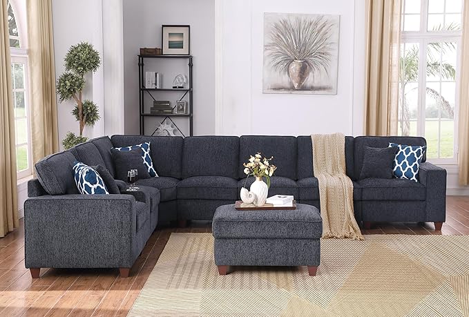 ERYE 151-Inch U-Shaped Sectional Sofa Chenille Upholstered Corner Convertible Sectional,9 PCS Modular Couch with Ottoman,Storage Console, Cupholders and Charging Station