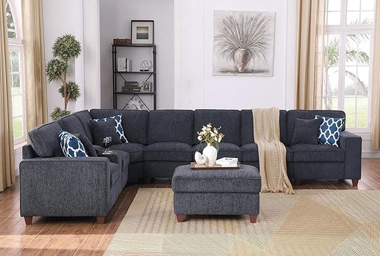 ERYE 151-Inch U-Shaped Sectional Sofa Chenille Upholstered Corner Convertible Sectional,9 PCS Modular Couch with Ottoman,Storage Console, Cupholders and Charging Station