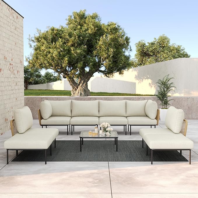 LayinSun 9 Pieces Aluminum Patio Furniture Set, Modern Modular Sectional Sofa with Coffee Table and Upgrade Thickness Cushion