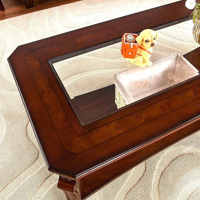 PADMA HOUSE Traditional Wood Coffee Table with Glasstop & Curved Legs, Rectangle Solid Wood Tea Table with Storage Shelf, 2-Tier Glass Center Tables in Cherry for Living Room,47.2 * 23.6 * 17.9in