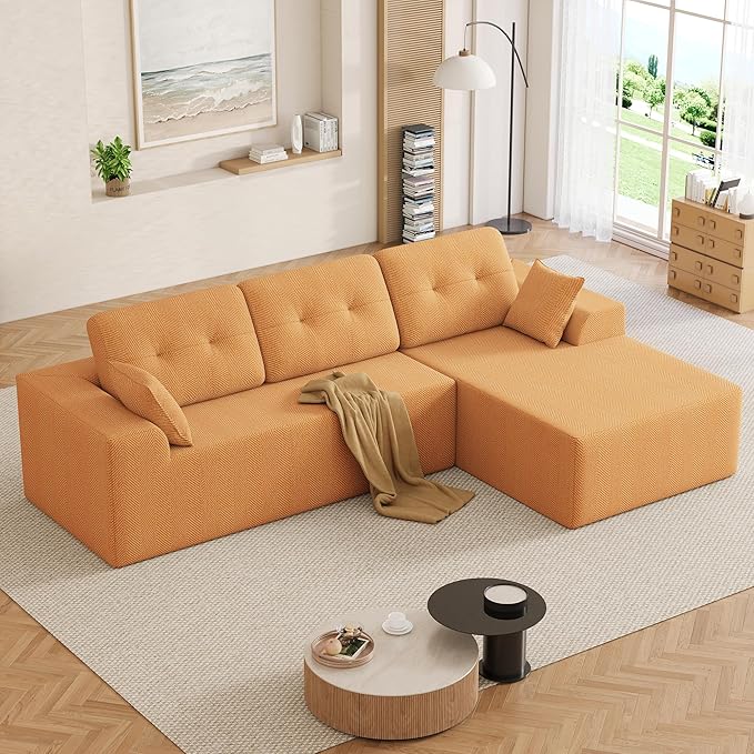 Ball & Cast 106" Cloud Modular Sectional Sofa, Boneless Chenille Couch with Deep Seat, Comfy L-Shaped Sectional, Modern Upholstered Sofa for Living Room, No Assembly (Orange, Right Facing Chaise)