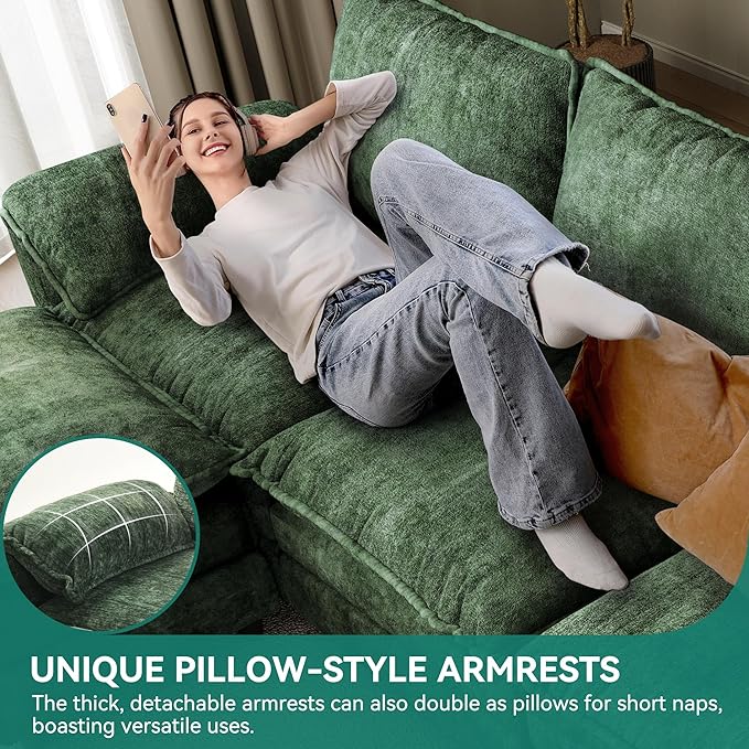 DWVO 142" Modular Sectional Sofa, Modern U Shaped Couch with Movable Ottoman, Pillow-Armrest, Velvet 6 Deep Seat Cloud Couch for Living Room, Green
