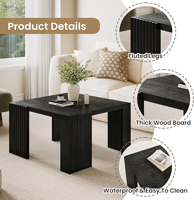 Luoxiao 27.5" Black Square Coffee Table Fluted Mid-Century Modern Living Room Table, Square Wooden Center Table with Quilted Footpads for Apartments, Small Homes, Easy Assembly