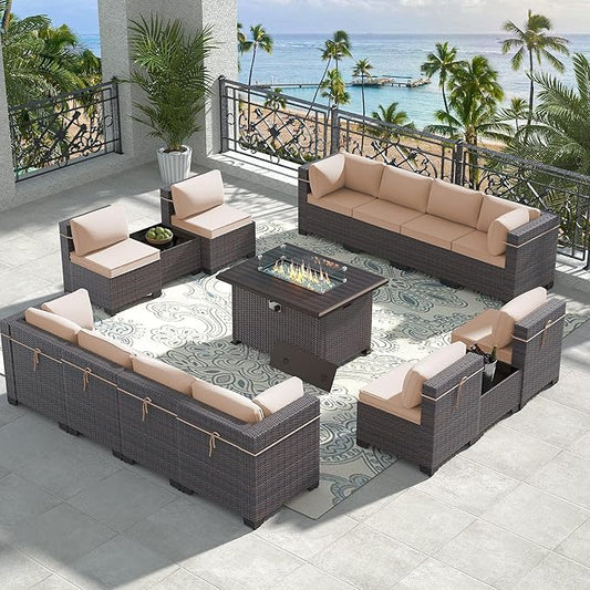 15 Pieces Outdoor Patio Furniture Set,Outdoor Sectional Furniture with 43" 55000 BTU Gas Propane Fire Pit Table,All Weather PE Rattan Wicker Patio Conversation Set,Sand