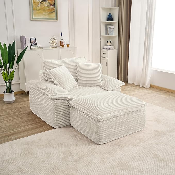 Comfy Boneless Cloud Sofa Chaise Oversized Fluffy Corduroy Upholstered Chaise Lounge for Living Room Bedroom, Modular Compressed Foam Cloud Daybed, Single Seat Sofa