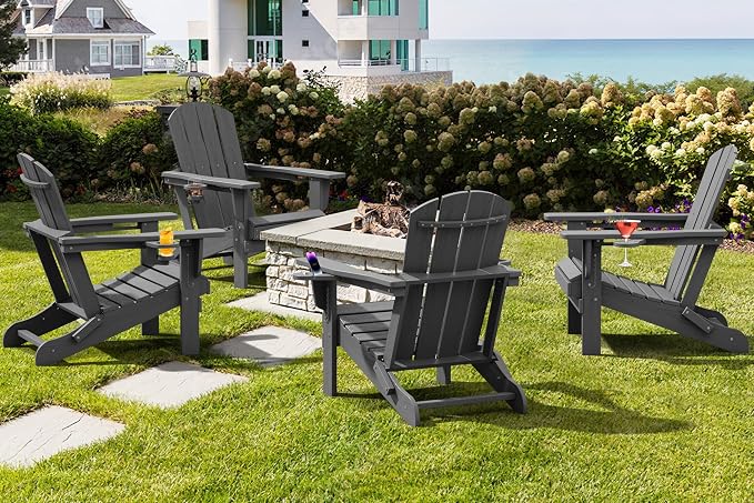 SERWALL Foldable Adirondack Chair Set of 2, HDPE Adirondack Chair with Wood-Texture-Gray - Image 9